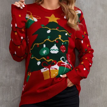 Плюс Размер Коледен Пуловер Тенденция Жакард Възли Пуловери Фестивални Пуловери, Дамски Дрехи Y2K Коледен Трикотаж Трикотажни Изделия Скок