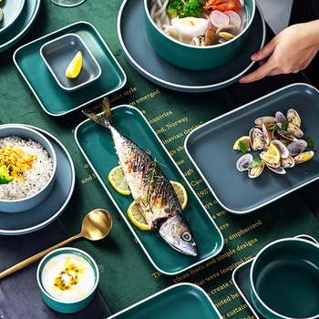 Правоъгълна чиния пържола Nordic Изумрудено-Матово зелена Прибори Керамична Чиния за хранене на Домашни Чаши и чинии Набор от ястия за подправки