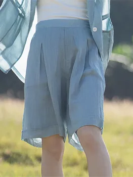 През лятото 2023 година Нови двуслойни шорти Ramie, дамски ежедневни панталони с еластична талия, свободни, плисе, студени и освежаващи Прости шорти