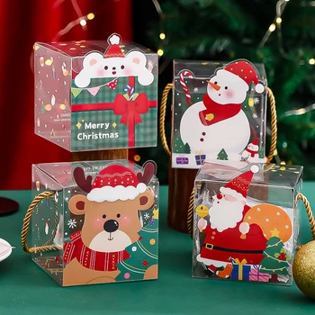Прозрачна Коледна подарък кутия с ябълки, Дядо Коледа, Снежен човек, Лосове, Коледно Дърво, торбичка за бонбони, Коледна парти, Детски за опаковане на подаръци, декорация