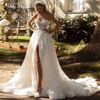 Романтична сватбена рокля трапецовидна форма дантела, без презрамки, с цепка отпред 2024 Красива апликация 3D Цветя Придворен струята на Сватбена рокля на принцеса