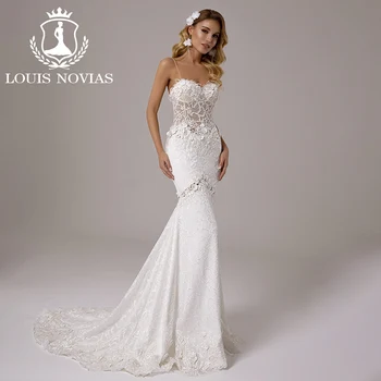 Сватбена рокля Русалка LOUIS NOVIAS 2023, Романтична бретельки-Спагети, апликации от 3D цветове, Илюзия Сватбена рокля Vestidos De Новия
