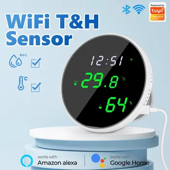 Сензор за температура и влажност на Hristo WiFi Умен влагомер за помещения Термометър led подсветка на дисплея Поддръжка на Google Home Алекса