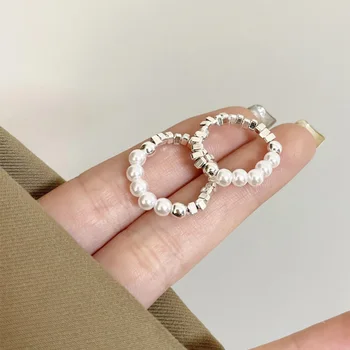 Сладки Минималистичные Еластичен пръстен с имитация на перли мъниста За жени, Корейски пръстени за пръстите, Трендови Дамски бижута, Подаръци за партита, Anillos Mujer