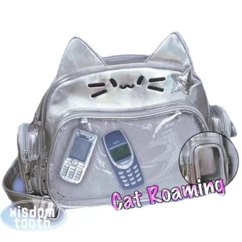 Сребърни раници Y2k за жени, прозрачна чанта през рамо с сладък котка, модна дизайнерска чанта, училищен раница през рамо голям капацитет