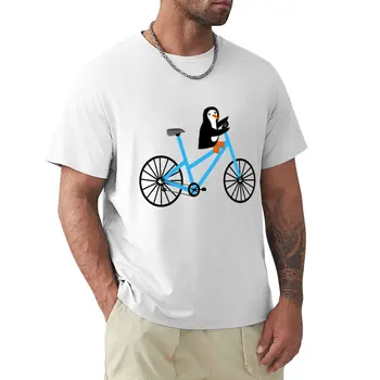 Тениска с пингвин на велосипед, тениска с къс ръкав, тениски големи размери, къса обикновена черни тениски, мъжки