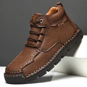 Туризъм обувки за мъже, есенно-зимни ботильоны, Допълнителни плюшени мъжки обувки с високи бойни ботуши, кожени обувки ръчна изработка