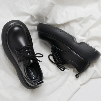 Черни Дамски Обувки на дантела Върху дебела Подметка, Марка Дизайнерски Зимни Обувки от Естествена Кожа, Дамски Ежедневни Обувки от овча кожа, Zapatos De Mujer