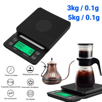 цифрови везни за кафе с тегло 3 кг / 0,1 г, 5 кг / 0,1 г, преносими електронни цифрови кухненски везни с таймер, висока точност LCD електронни везни