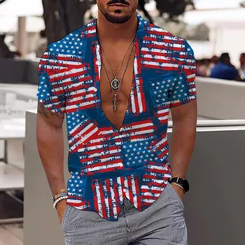 Мъжка мода и развлечения, 3D Дигитален печат, на ревера на копчета, Ден на Независимостта, риза с къс ръкав, потници